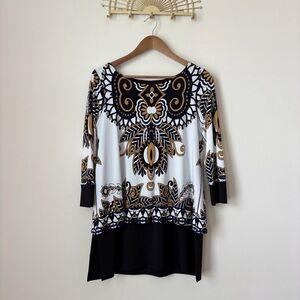 Eva Varro Layered Tunic Top Medium Geometric Floral Print White Black Tan